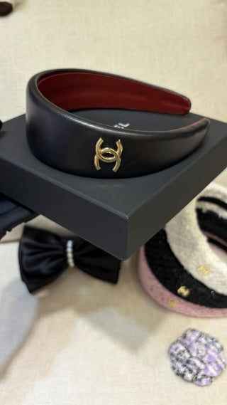 Chanel Black Leather Gold Accent Headband – Elegant Luxury Fashion Accessory