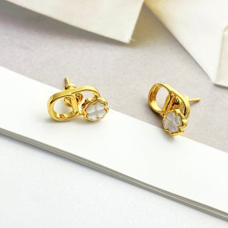 Dior Clover CD Pearl Charm Stud Earrings