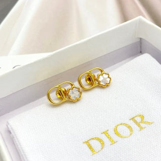 Dior Clover CD Pearl Charm Stud Earrings