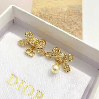 Dior Crystal Butterfly Pearl Drop Stud Earrings