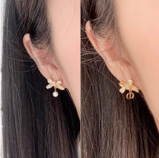 Dior Crystal Butterfly Pearl Drop Stud Earrings