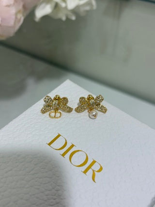 Dior Crystal Butterfly Pearl CD Stud Earrings