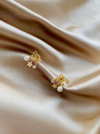Dior Pearl CD Star Charm Stud Earrings