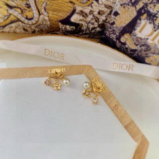 Dior Pearl CD Star Charm Stud Earrings