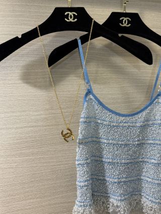 Chanel Gold-Tone Long Necklace with Smooth Finish and Openwork Double-C Logo