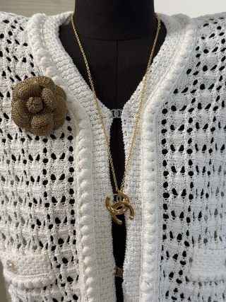 Chanel Gold-Tone Long Necklace with Smooth Finish and Openwork Double-C Logo