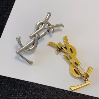 YSL Dual Tone Monogram Logo Brooch