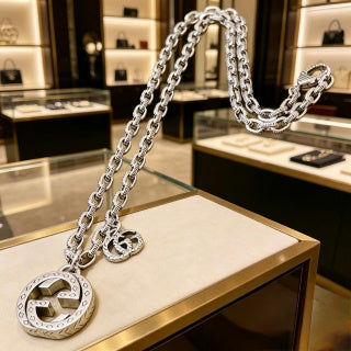 Gucci Interlocking G Crystal Medallion Link Chain Necklace