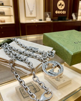 Gucci Interlocking G Crystal Medallion Link Chain Necklace