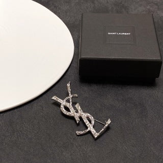 YSL Crystal Monogram Silver Brooch