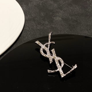 YSL Crystal Monogram Silver Brooch