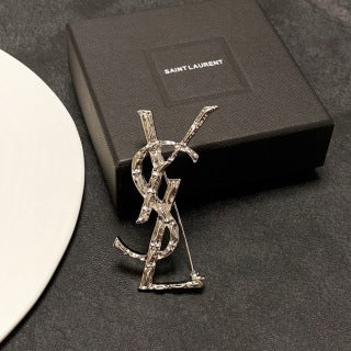 YSL Crystal Monogram Silver Brooch