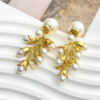 Dior Pearl Botanical CD Tassel Drop Stud Earrings