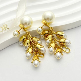 Dior Pearl Botanical CD Tassel Drop Stud Earrings