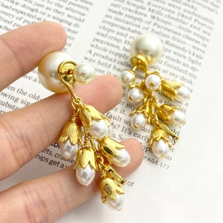 Dior Pearl Botanical CD Tassel Drop Stud Earrings