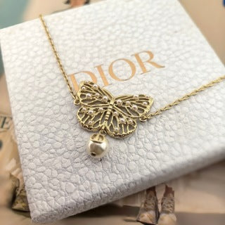 Dior Butterfly Pearl Charm Gold Chain Bracelet
