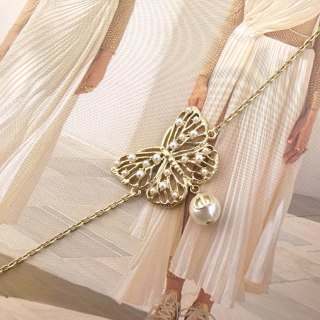 Dior Butterfly Pearl Charm Gold Chain Bracelet