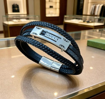 Gucci Interlocking G Braided Leather Wrap Bracelet