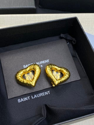 YSL Textured Heart Gold Clip-On Earrings
