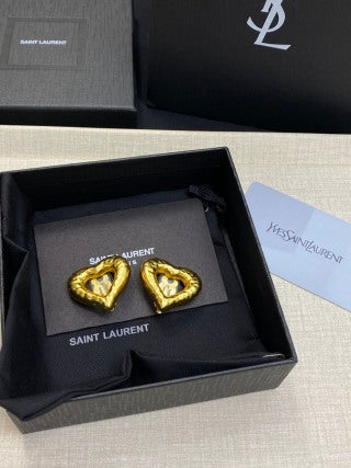 YSL Textured Heart Gold Clip-On Earrings