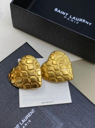 YSL Quilted Heart Gold Clip-On Earrings