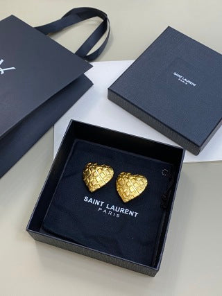 YSL Quilted Heart Gold Clip-On Earrings