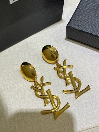 YSL Oval Pearl Monogram Drop Earrings