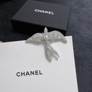 CHANEL Silver Swallow Wing Embellished Brooch