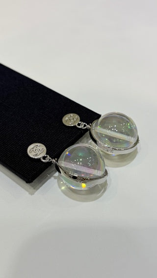 Chanel Silver Double-C Button Transparent Acrylic Sphere Earrings
