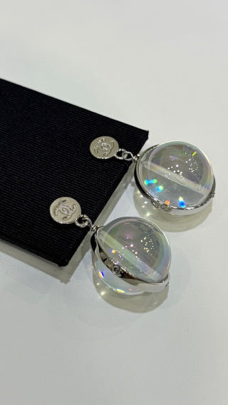 Chanel Silver Double-C Button Transparent Acrylic Sphere Earrings