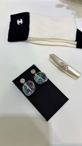 Chanel Silver Double-C Button Transparent Acrylic Sphere Earrings