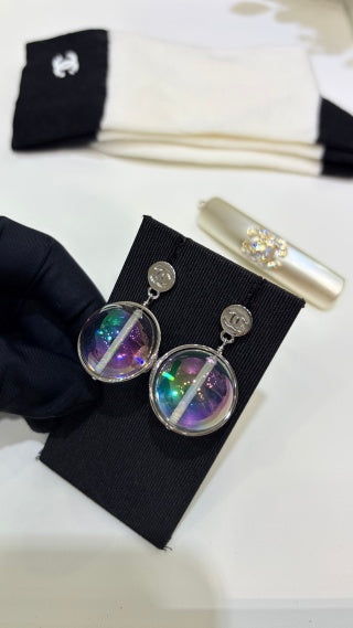 Chanel Silver Double-C Button Transparent Acrylic Sphere Earrings
