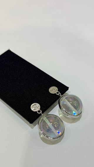 Chanel Silver Double-C Button Transparent Acrylic Sphere Earrings