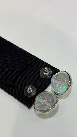 Chanel Silver Double-C Button Transparent Acrylic Sphere Earrings