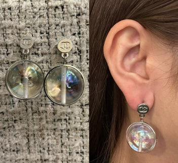 Chanel Silver Double-C Button Transparent Acrylic Sphere Earrings