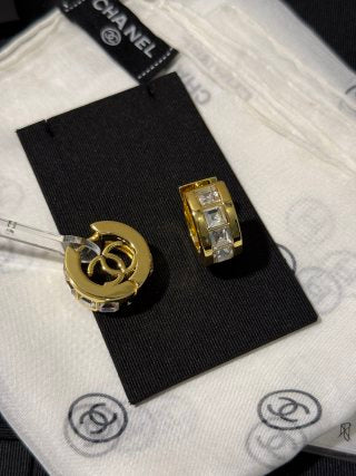Chanel Gold Hoop Earrings with White Square Crystals