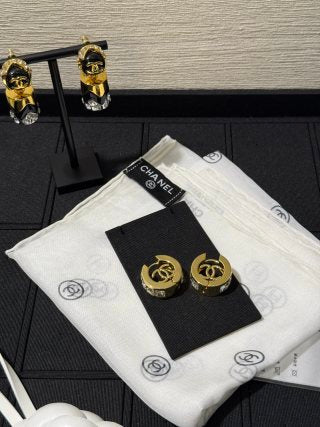 Chanel Gold Hoop Earrings with White Square Crystals