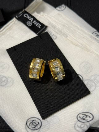 Chanel Gold Hoop Earrings with White Square Crystals