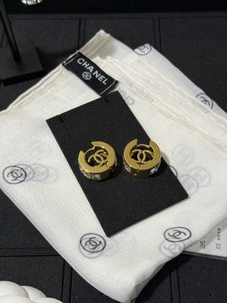 Chanel Gold Hoop Earrings with White Square Crystals