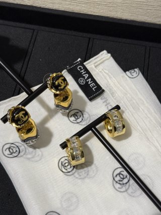 Chanel Gold Hoop Earrings with White Square Crystals