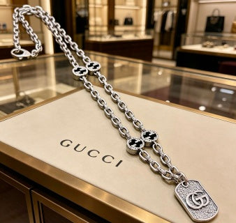 Gucci Crystal GG Tag Chain Necklace