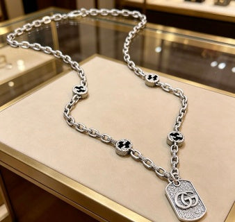 Gucci Crystal GG Tag Chain Necklace