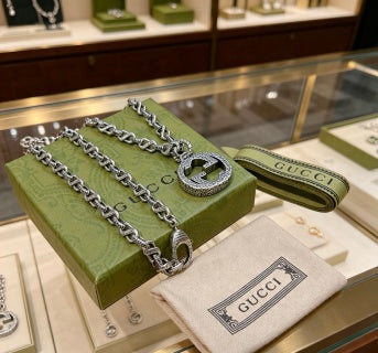 Gucci Crystal Interlocking G Pendant Chain Necklace