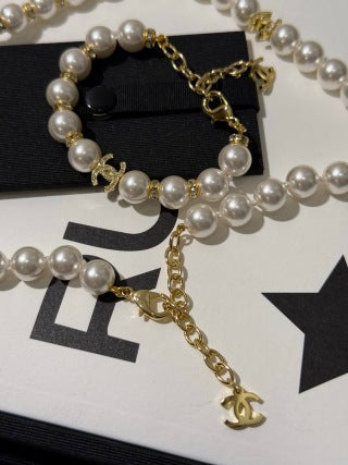 Chanel Light Gold Short Necklace with White Pearls and Full Pavé Crystals