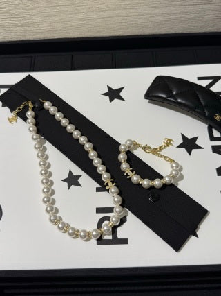 Chanel Light Gold Short Necklace with White Pearls and Full Pavé Crystals