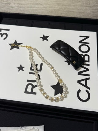 Chanel Light Gold Short Necklace with White Pearls and Full Pavé Crystals