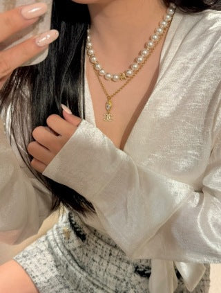 Chanel Light Gold Short Necklace with White Pearls and Full Pavé Crystals