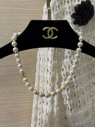 Chanel Light Gold Short Necklace with White Pearls and Full Pavé Crystals
