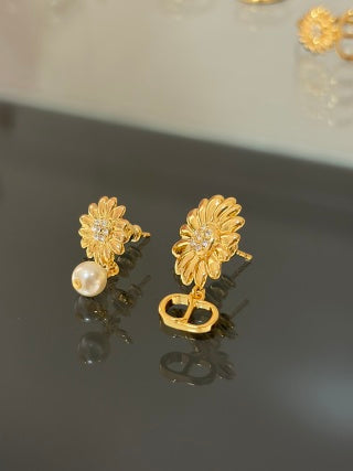 Dior Sunflower Pearl Crystal Stud Earrings