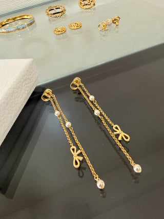 Dior Pearl Ribbon Chain Drop Stud Earrings